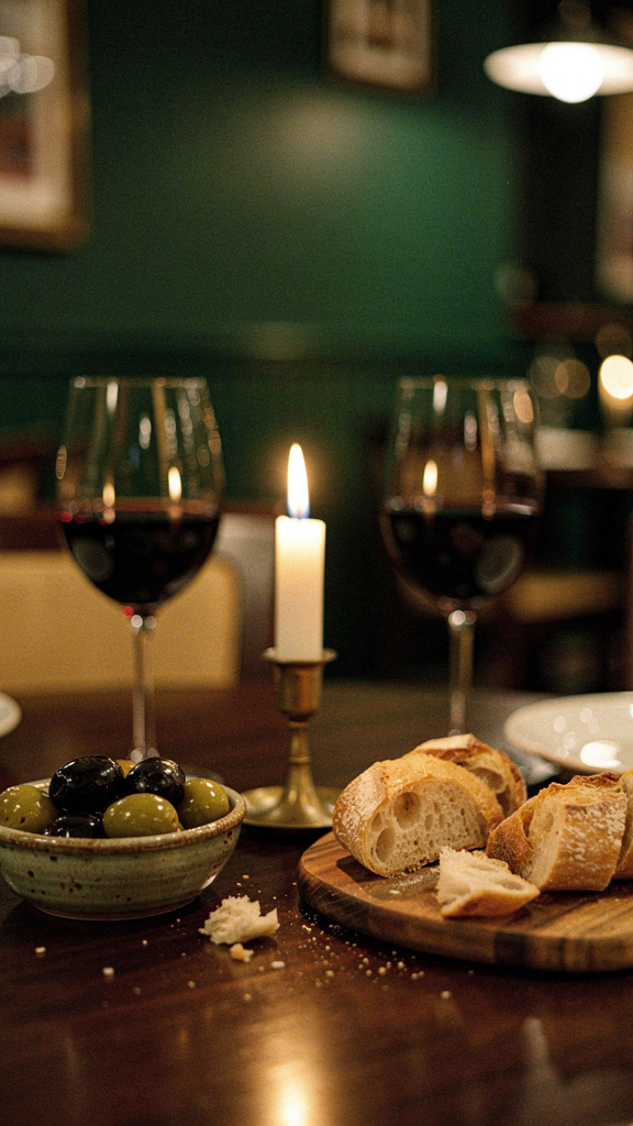 Tisch bei Kerzenschein mit Rotwein, Oliven und Brot